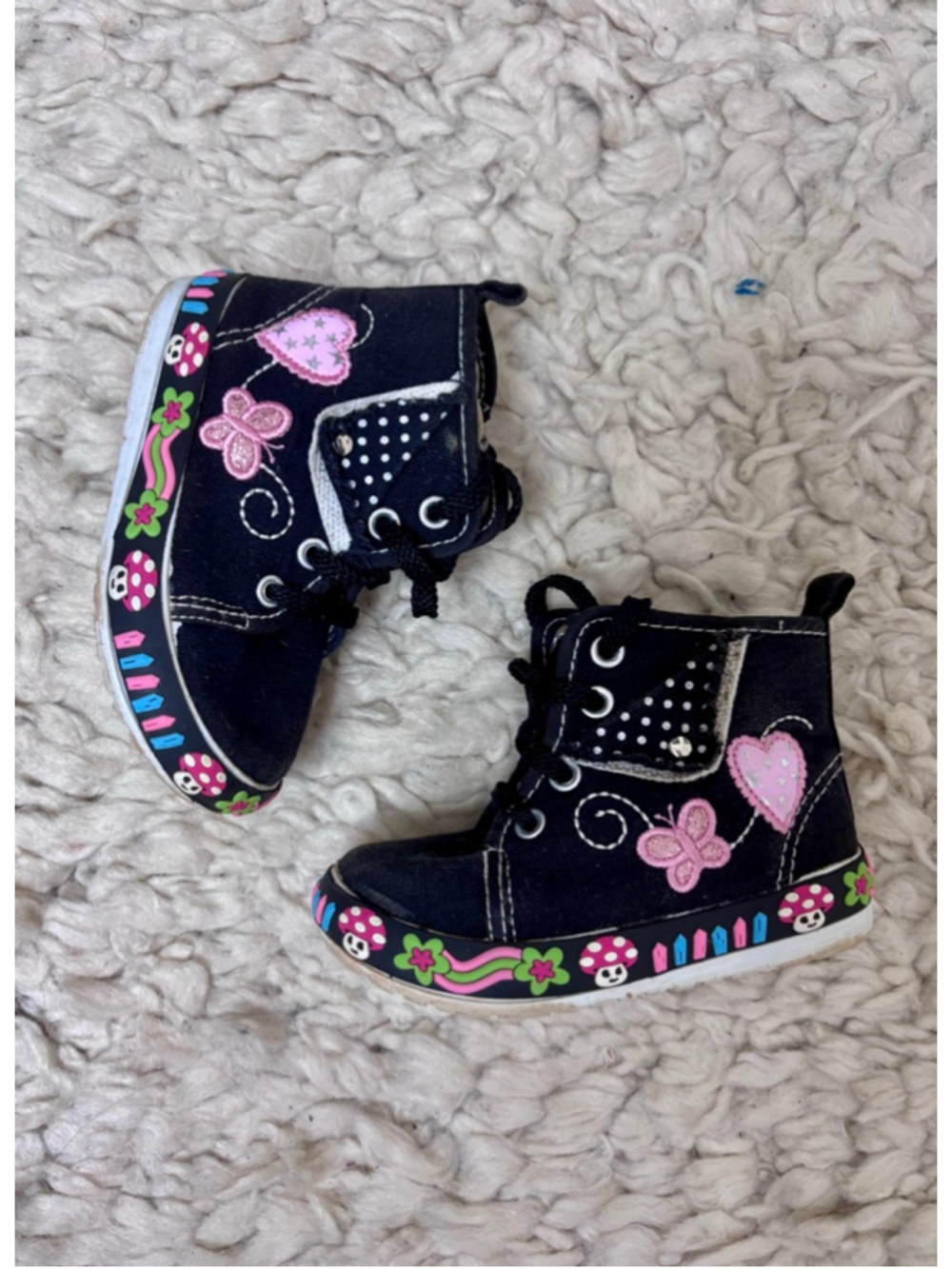 Baby Little Berry Black Pink Butterfly Mushroom High Top Shoes Size 5 Zip